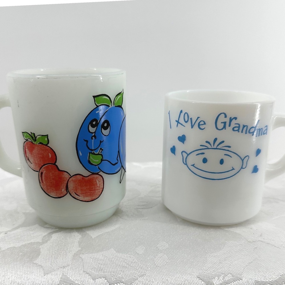 Vintage Anchor Hocking Fire-King Mugs Nancy Lynn Fruit I Love Grandma Set Retro
